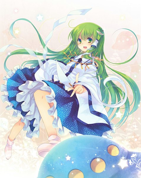 Anime picture 930x1169 with touhou kochiya sanae shinia single long hair tall image looking at viewer blush open mouth green eyes green hair girl dress hair ornament star (symbol) hair tubes gohei