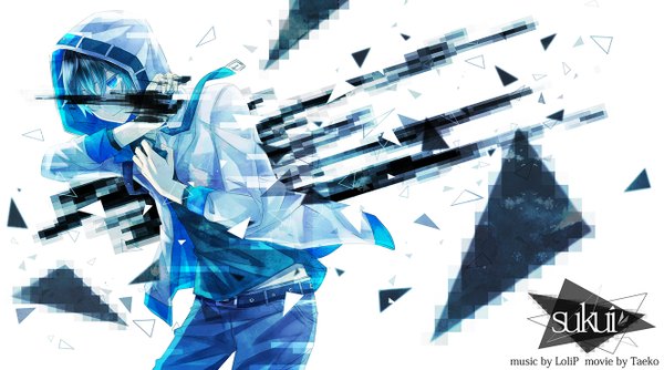 Anime picture 1328x740 with original vocaloid taeko single fringe short hair wide image white background looking away aqua eyes open clothes open jacket dark hair boy jacket belt hood pants hoodie