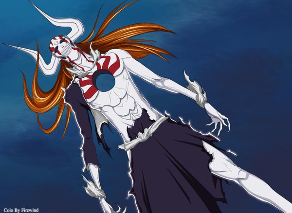 Anime picture 3008x2200 with bleach studio pierrot kurosaki ichigo firewind single long hair highres simple background smile signed absurdres sky cloud (clouds) horn (horns) orange hair tattoo coloring torn clothes muscle boy