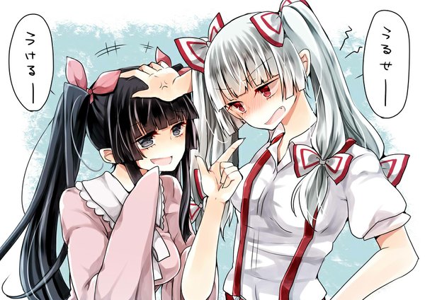 Anime picture 1000x708 with touhou fujiwara no mokou houraisan kaguya mimoto (aszxdfcv) long hair blush fringe open mouth black hair red eyes twintails multiple girls looking away silver hair black eyes hand on hip alternate hairstyle pointing girl bow