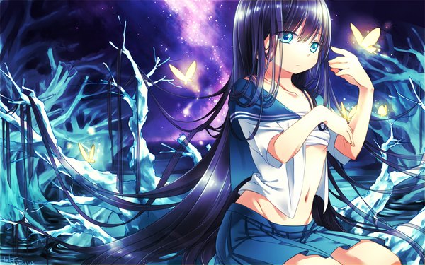 Anime picture 2160x1350 with original keluy single highres blue eyes light erotic black hair wide image very long hair open clothes open shirt girl skirt navel shirt serafuku insect butterfly bandage (bandages)