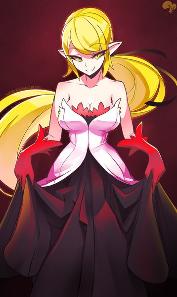 Anime picture 658x1100 with bakemonogatari kizumonogatari shaft (studio) monogatari (series) oshino shinobu kissshot acerolaorion heartunderblade krokobyaka single long hair tall image looking at viewer breasts blonde hair simple background smile large breasts bare shoulders yellow eyes payot cleavage