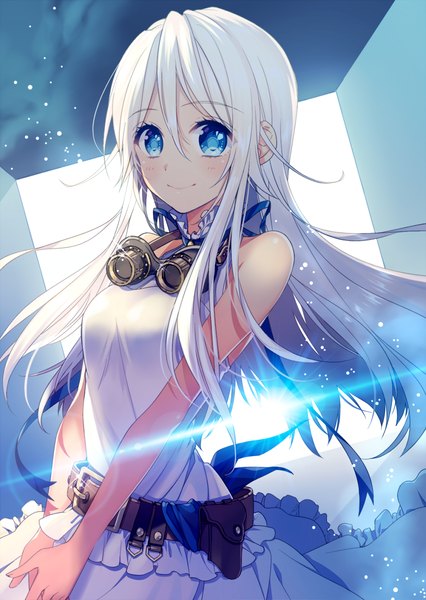 Anime picture 1050x1479 with original necomi (gussan) kurosawalena single long hair tall image looking at viewer blush fringe blue eyes smile hair between eyes upper body ahoge white hair sleeveless glow goggles around neck steam punk girl