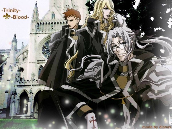 Anime picture 1280x960 with trinity blood gonzo abel nightroad tres iqus hugue de watteau long hair fringe short hair blonde hair brown hair silver hair hair over one eye boy glasses armor cloak castle
