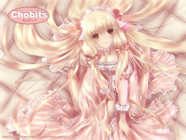 Anime picture 1024x768 with chobits chii long hair blonde hair sitting from above orange eyes looking up girl dress bow hair bow headdress maid headdress