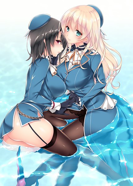 Anime picture 715x1000 with kantai collection atago heavy cruiser takao heavy cruiser ayase hazuki long hair tall image blush short hair breasts blue eyes light erotic blonde hair red eyes large breasts multiple girls ass girl thighhighs skirt gloves