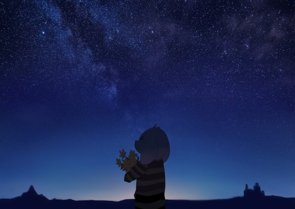 Anime picture 1280x906 with undertale asriel dreemurr stephanie lee single animal ears upper body from behind night night sky looking up striped milky way boy flower (flowers) star (stars) bouquet creature
