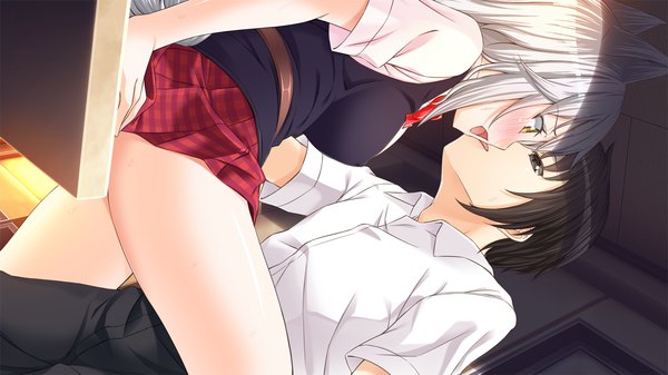 Anime picture 1280x720 with maternity monsters! long hair blush short hair open mouth black hair wide image yellow eyes game cg silver hair black eyes couple almost kiss girl boy uniform school uniform shirt