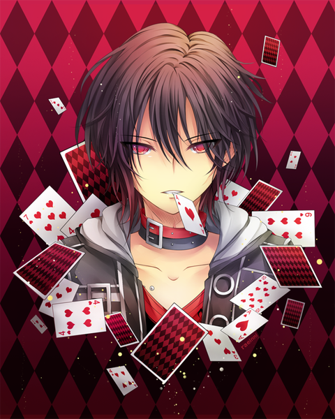 Anime picture 800x1000 with amnesia idea factory shin (amnesia) raeinni single tall image looking at viewer fringe red eyes holding purple hair mouth hold close-up checkered checkered background boy card (cards)