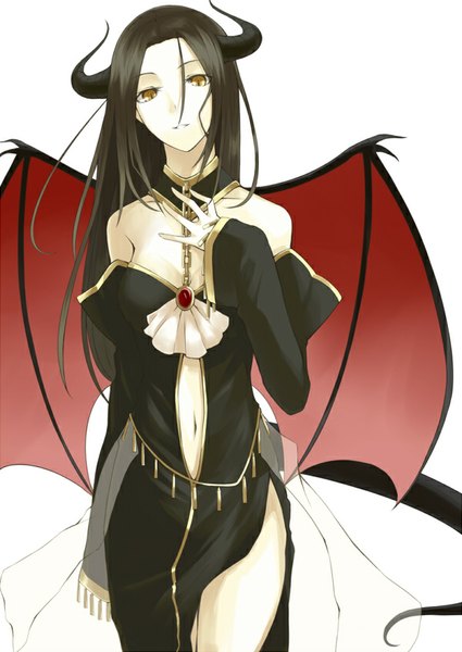 Anime picture 600x846 with original kauto single long hair tall image looking at viewer black hair simple background smile standing white background bare shoulders yellow eyes tail long sleeves horn (horns) wide sleeves bare belly bare legs hand on chest