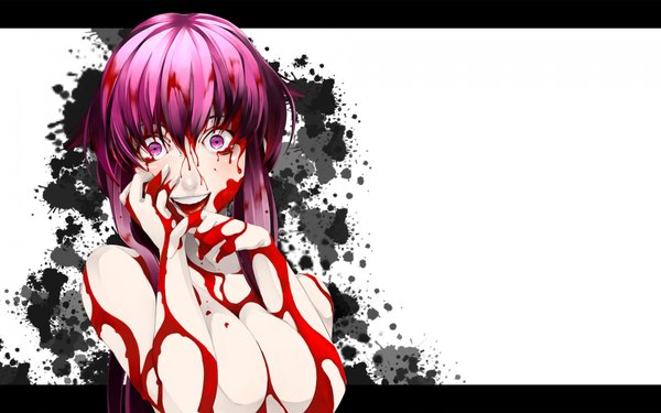 Anime picture 1680x1050 with mirai nikki gasai yuno tagme (artist) single long hair looking at viewer breasts open mouth light erotic simple background wide image bare shoulders pink hair pink eyes girl tongue blood