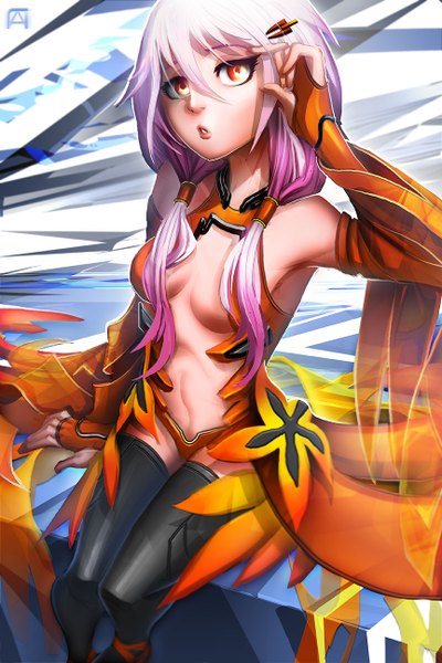 Anime picture 864x1296 with guilty crown production i.g yuzuriha inori pechan (artist) single long hair tall image looking at viewer fringe breasts light erotic red eyes sitting pink hair center opening girl hair ornament detached sleeves hairclip suit