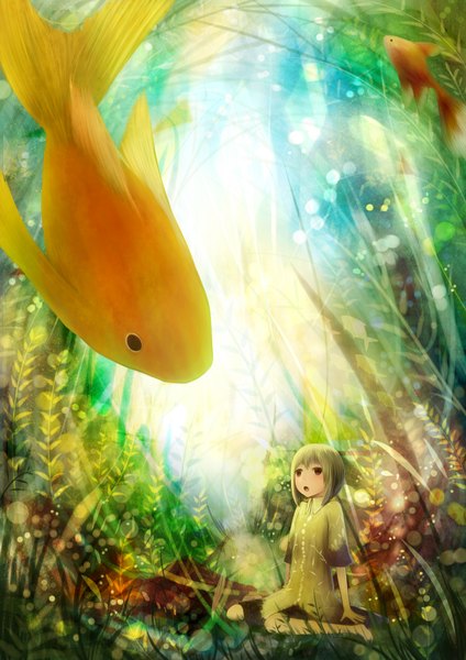 Anime picture 1414x2000 with original bounin tall image short hair open mouth grey hair black eyes girl plant (plants) fish (fishes)