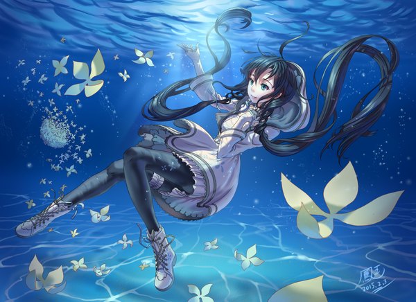 Anime picture 2333x1696 with utau xia yu yao ho-oh (artist) single long hair highres blue eyes black hair smile twintails signed underwater girl dress gloves flower (flowers) pantyhose water