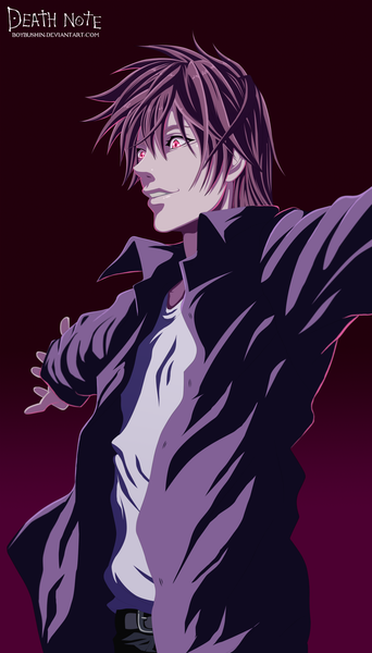 Anime picture 1920x3364 with death note madhouse yagami light boybushin single tall image highres short hair simple background brown hair pink eyes light smile inscription open clothes open shirt coloring spread arms boy pants