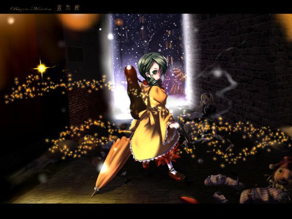 Anime picture 1280x960 with rozen maiden kanaria long hair looking at viewer green eyes full body outdoors green hair sparkle copyright name drill hair snowing letterboxed winter smoke closed umbrella brick wall smoking gun girl dress