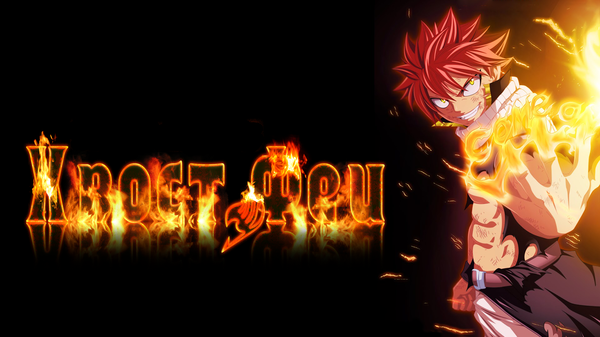 Anime picture 1920x1080 with fairy tail natsu dragneel tremblax single highres short hair open mouth smile wide image yellow eyes pink hair inscription copyright name sleeveless grin torn clothes magic black background muscle boy
