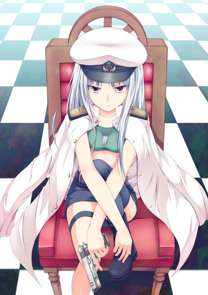 Anime picture 1653x2339 with original yuki kawachi single long hair tall image looking at viewer red eyes white hair checkered floor floor girl weapon boots gun peaked cap armchair