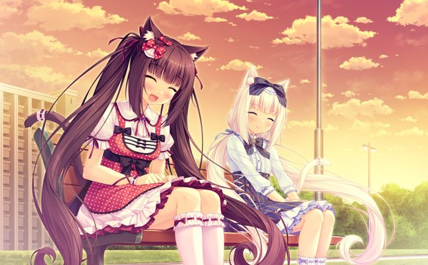 Anime picture 1480x920 with neko paradise neko works (studio) vanilla (nekopara) chocola (nekopara) sayori long hair looking at viewer blush fringe open mouth black hair smile wide image sitting twintails multiple girls animal ears game cg white hair tail