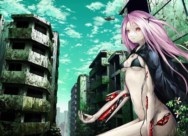 Anime picture 1708x1240 with original solru (tyappygain) single long hair looking at viewer highres breasts light erotic red eyes sitting pink hair scenic bottomless girl flower (flowers) plant (plants) cape bikini top helicopter abandoned building