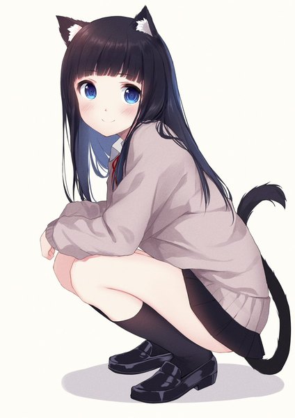 Anime picture 800x1131 with original caidychen single long hair tall image looking at viewer blush fringe blue eyes light erotic black hair simple background smile white background sitting animal ears full body tail blunt bangs animal tail