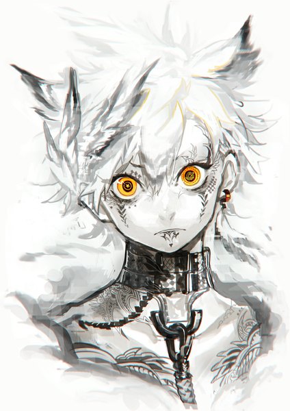 Anime picture 707x1000 with original hujimogeo single tall image looking at viewer short hair simple background white background animal ears yellow eyes white hair cat ears tattoo monochrome close-up pale skin expressionless boy chain collar