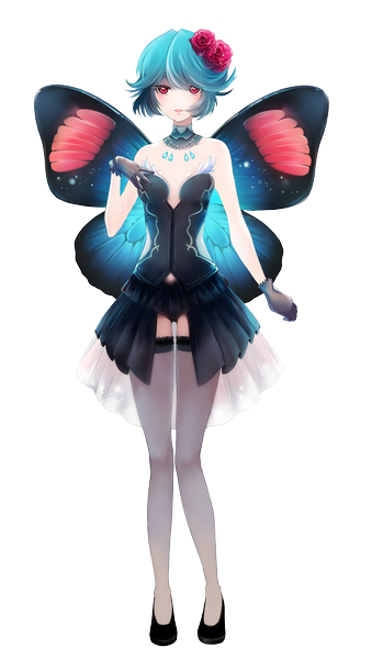 Anime picture 1744x3080 with original saintklein single tall image highres short hair red eyes blue hair full body hair flower transparent background insect wings butterfly wings girl thighhighs dress gloves hair ornament black thighhighs
