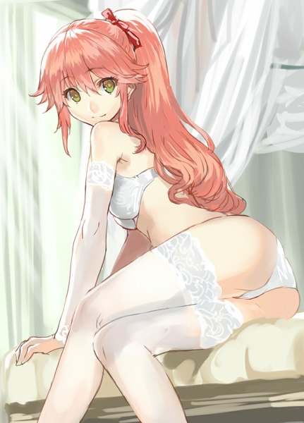 Anime picture 719x1000 with original ranou single long hair tall image looking at viewer blush breasts light erotic smile sitting bare shoulders ass ponytail red hair looking back underwear only turning head girl thighhighs
