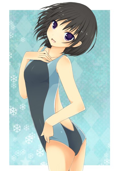 Anime picture 1000x1436 with amagami nanasaki ai minase kaya single tall image looking at viewer blush short hair open mouth black hair purple eyes girl swimsuit one-piece swimsuit school swimsuit