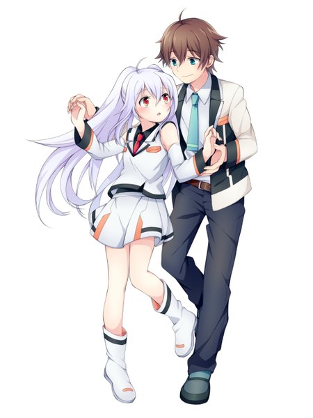 Anime picture 1115x1487 with plastic memories isla (plastic memories) mizugaki tsukasa soranagi long hair tall image blush fringe short hair open mouth simple background smile hair between eyes red eyes brown hair standing white background twintails bare shoulders payot