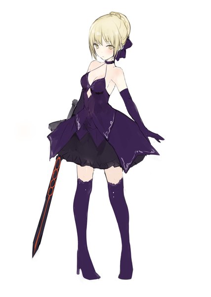 Anime picture 700x984 with fate (series) fate/grand order artoria pendragon (all) saber alter lpip single tall image fringe breasts blonde hair simple background white background bare shoulders holding brown eyes cleavage full body braid (braids) girl dress