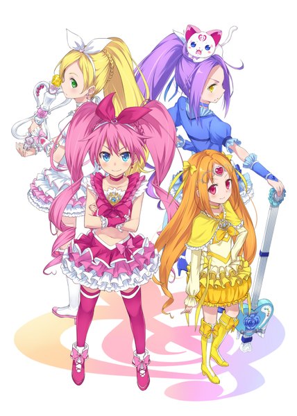 Anime picture 1200x1680 with precure suite precure toei animation houjou hibiki minamino kanade seiren (suite precure) cure melody shirabe ako cure rhythm hummy (suite precure) cure beat cure muse (yellow) long hair tall image blush blue eyes blonde hair smile twintails purple eyes