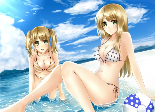 Anime picture 1500x1084 with original clock (clockart) long hair looking at viewer breasts open mouth light erotic blonde hair twintails multiple girls green eyes sky cloud (clouds) beach girl 2 girls swimsuit bikini sea striped bikini