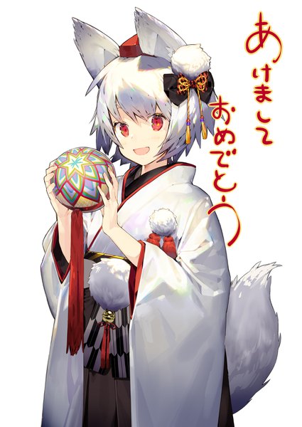 Anime picture 2507x3541 with touhou inubashiri momiji kitada mo single tall image highres short hair open mouth simple background red eyes white background holding animal ears white hair tail animal tail text new year wolf ears wolf tail