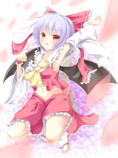 Anime picture 1417x1890 with touhou hakurei reimu remilia scarlet aibumi single tall image blush short hair open mouth red eyes blue hair midriff cosplay hakurei reimu (cosplay) girl skirt navel bow hair bow detached sleeves