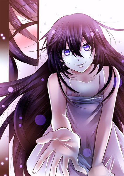 Anime picture 1500x2126 with pandora hearts xebec alice (pandora hearts) single long hair tall image looking at viewer blush fringe simple background smile hair between eyes white background purple eyes bare shoulders purple hair leaning leaning forward outstretched hand girl
