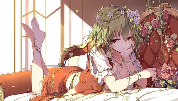 Anime picture 4007x2280 with touhou kazami yuuka sam ashton single looking at viewer fringe highres short hair breasts light erotic hair between eyes red eyes wide image absurdres cleavage lying green hair on stomach leg lift (legs lift) girl