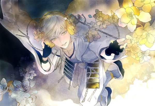 Anime picture 1920x1310 with touken ranbu nitroplus tsurumaru kuninaga vovo single looking at viewer fringe highres short hair yellow eyes white hair parted lips light smile from above wide sleeves looking up hand on headphones boy gloves flower (flowers)