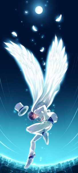 Anime picture 1412x3100 with detective conan kaito kid kuroba kaito azs (pixiv) single tall image short hair purple hair looking back night grin city magic angel wings city lights boy hat wings necktie feather (feathers)