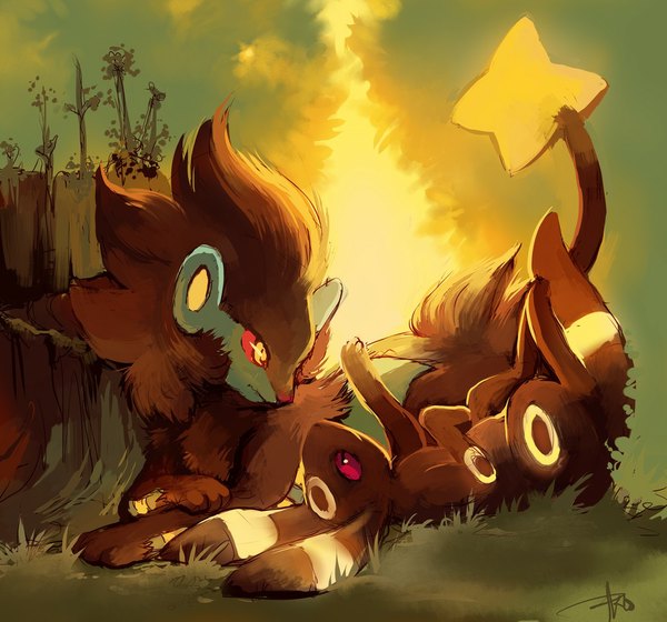 Anime picture 1024x957 with pokemon nintendo umbreon luxray glitchedpuppet signed outdoors lying no people gen 2 pokemon gen 4 pokemon plant (plants) grass fire pokemon (creature)