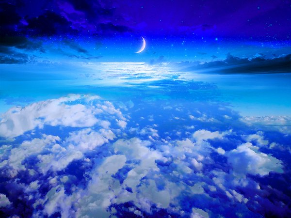 Anime picture 1000x750 with original zonomaru cloud (clouds) night night sky reflection no people glow crescent water moon star (stars)