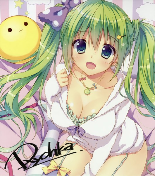 Anime picture 2246x2540 with melonbooks melon-chan ryohka single long hair tall image looking at viewer blush fringe highres breasts open mouth light erotic smile hair between eyes large breasts sitting twintails green eyes signed