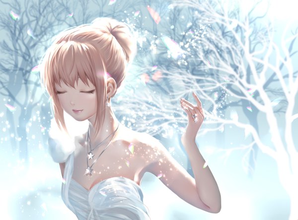Anime picture 2700x2000 with yin. single long hair fringe highres blonde hair smile bare shoulders upper body eyes closed arm up sparkle hair bun (hair buns) lipstick snowing winter snow pink lipstick shiny bare tree