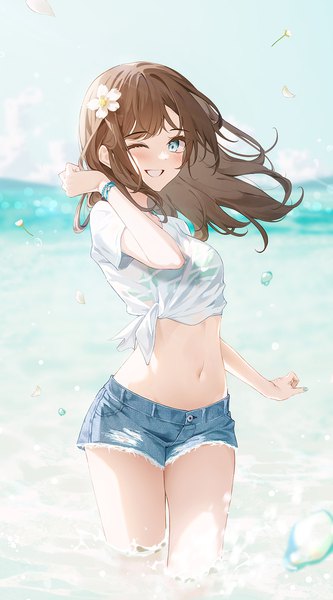 Anime picture 1000x1800 with original connie (keean2019) single long hair tall image looking at viewer blush fringe breasts blue eyes smile brown hair standing sky outdoors one eye closed arm up hair flower wind wink