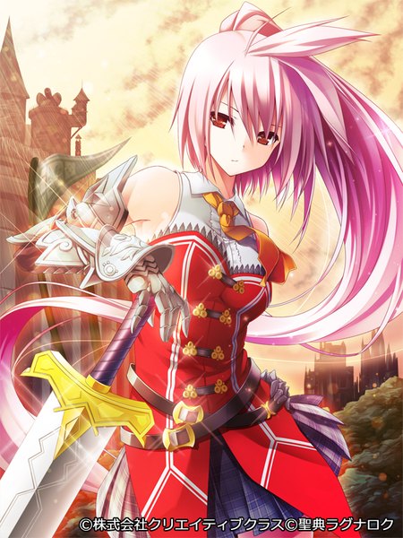 Anime picture 600x800 with seiten ragnarok pochadon single tall image looking at viewer red eyes pink hair ponytail very long hair girl dress gloves weapon sword elbow gloves armor
