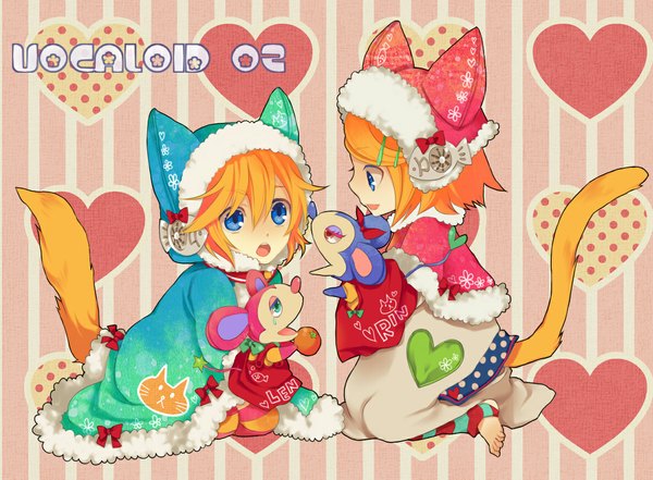 Anime picture 1185x871 with vocaloid kagamine rin kagamine len macco (artist) short hair open mouth blue eyes blonde hair sitting animal ears tail profile barefoot cat ears inscription cat girl cat tail couple striped twins