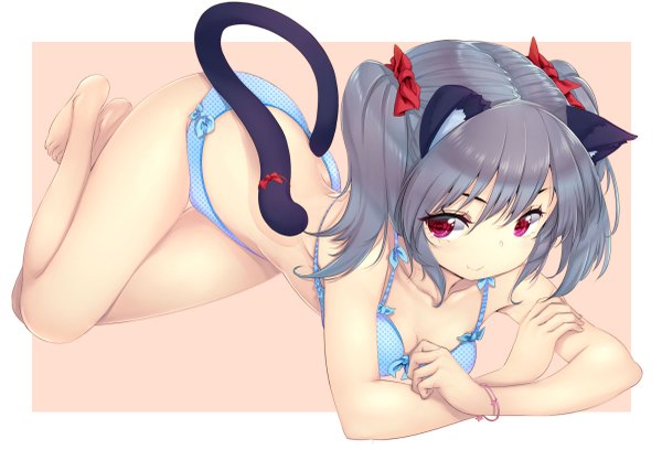 Anime picture 1200x817 with original zizi (zz22) single looking at viewer short hair light erotic smile red eyes twintails animal ears tail animal tail grey hair cat ears cat girl cat tail underwear only short twintails girl underwear