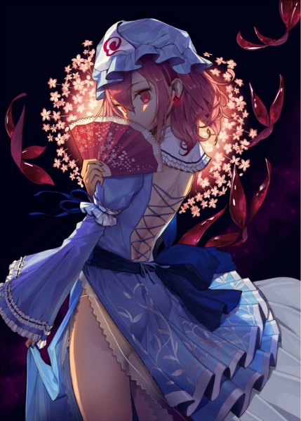 Anime picture 739x1033 with touhou saigyouji yuyuko kitada mo single long hair tall image looking at viewer light erotic pink hair traditional clothes japanese clothes pink eyes looking back turning head girl flower (flowers) earrings kimono insect butterfly