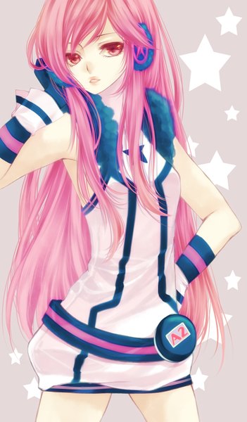 Anime picture 1000x1705 with vocaloid miki (vocaloid) reika (artist) single long hair tall image fringe breasts looking away pink hair pink eyes hand on hip girl dress gloves belt headphones star (symbol)