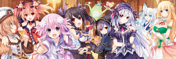 Anime picture 3732x1252 with choujigen game neptune fairy fencer f noire neptune (choujigen game neptune) vert blanc tiara (fairy fencer f) eryn (fairy fencer f) ethel (fairy fencer f) karin (fairy fencer f) pippin (fairy fencer f) pipin (fairy fencer f) tsunako long hair looking at viewer fringe highres short hair breasts open mouth